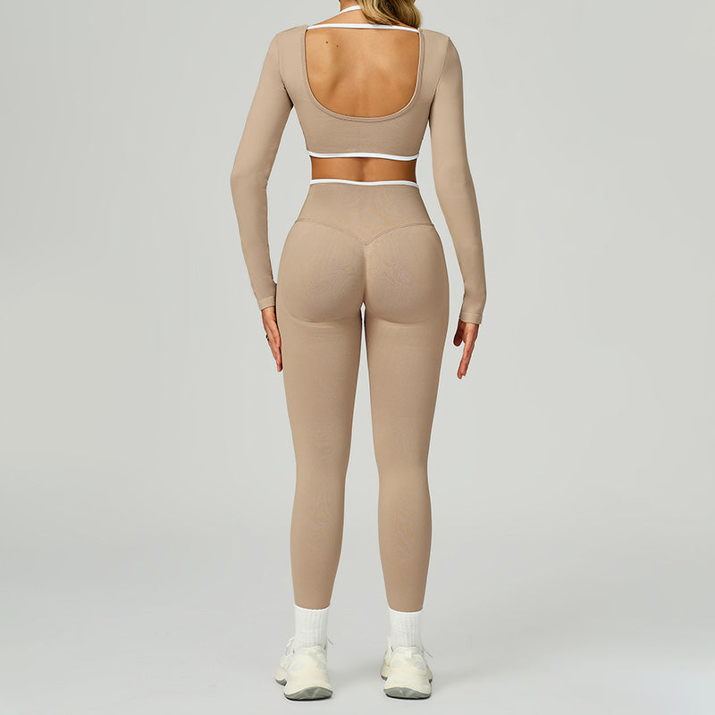 Seamless halter Contrasting Color top + High-waisted leggings 2-Piece Set