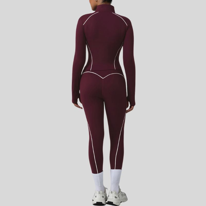 Color-blocked lapel jacket + sports leggings 2-piece set