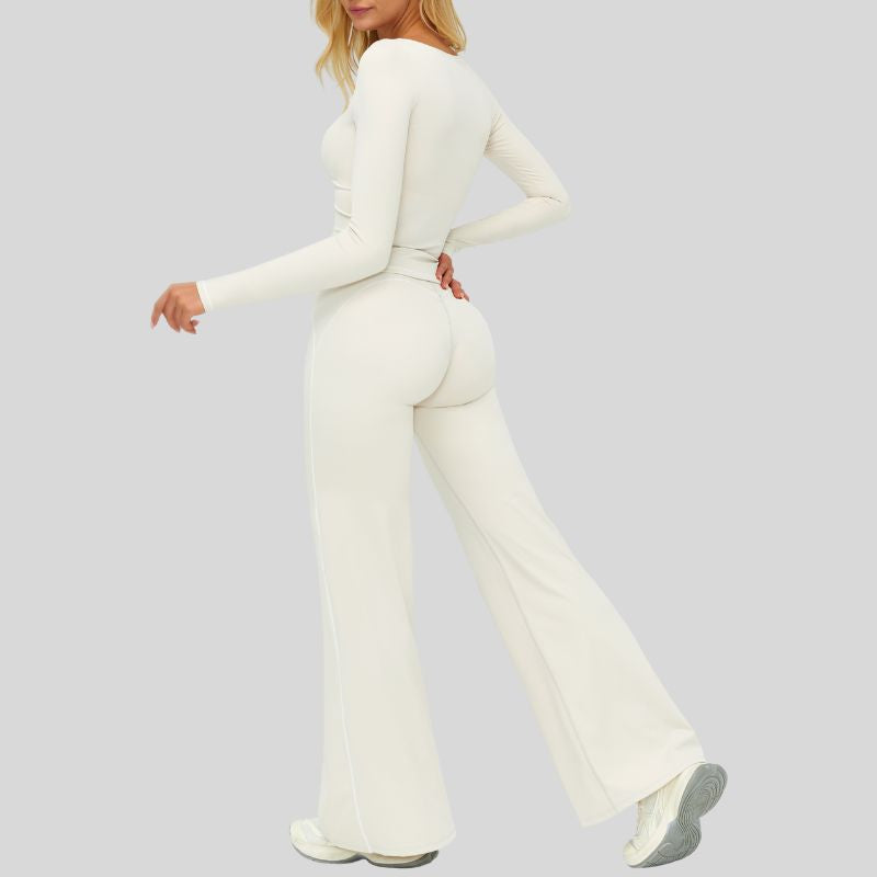 Color-blocked long-sleeved sports top+ High-waisted wide-leg pants 2-piece set