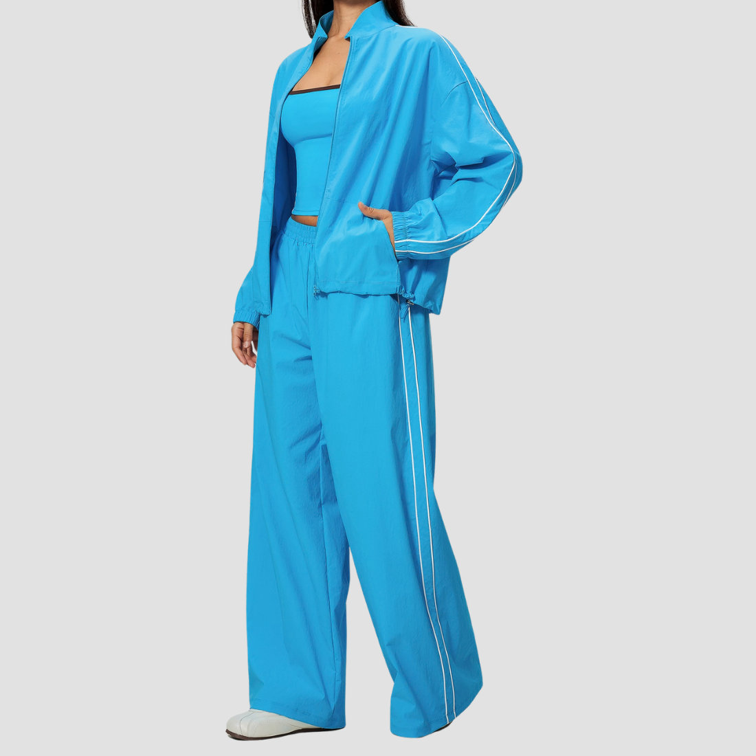 Wholesale Women's Stand-Collar Zip Jacket and Wide-Leg Long Pants Set