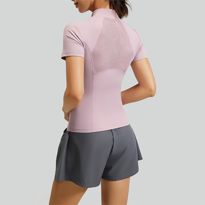 Wholesale Women's Mesh Yoga Set: Half-Zip Short Sleeve Top & Shorts