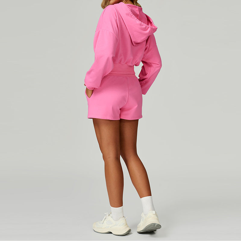 Loose hooded and full zipper Sweatshirt + drawstring shorts 2 pieces set