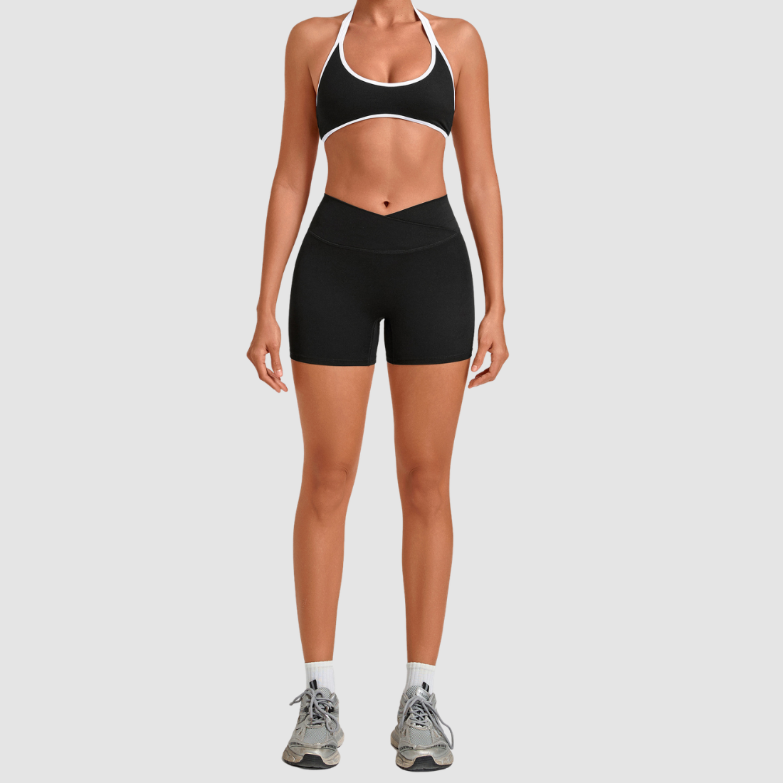Wholesale Women’s Contrast Sports Bra & High-Waist Biker Shorts Yoga Set