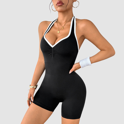 Wholesale Color-Block Halter Neck Backless Jumpsuit Shorts