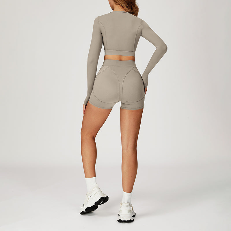 Round-neck long-sleeve high-waist fitted top+High-waist shorts 2-PIECE SET