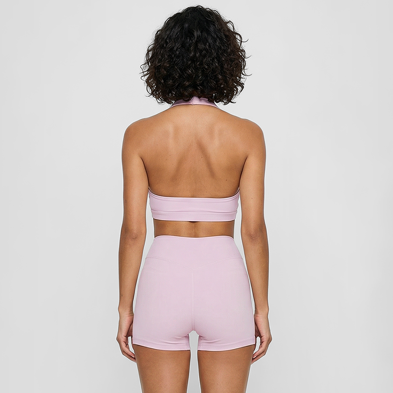 Deep V halter neck bra + high waisted shorts 2-piece set
