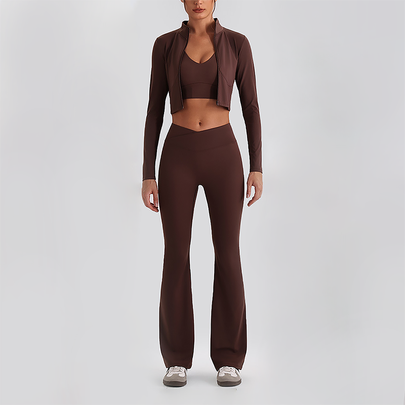 Wholesale Women's Zip-Up Long Sleeve Crop Top & High Waist Leggings Set