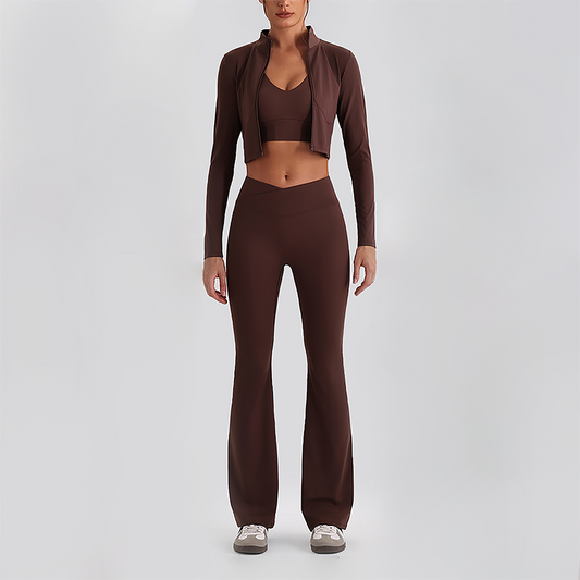 Wholesale Women's Zip-Up Long Sleeve Crop Top & High Waist Leggings Set