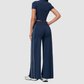 Wholesale Women's Brushed Short Sleeve Crop Top & Wide-Leg Pants Set – Padded Yoga Fitness 2-Piece