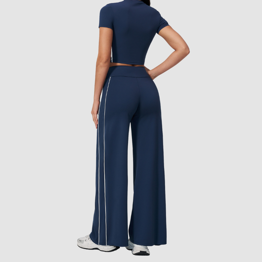 Wholesale Women's Brushed Short Sleeve Crop Top & Wide-Leg Pants Set – Padded Yoga Fitness 2-Piece