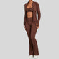 Thumb-buckle zipper jacket + slightly flared pants + sports bra 3-piece set