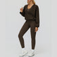 V-neck large hooded jacket+Sports tank top+High-waisted leggings 3-piece set