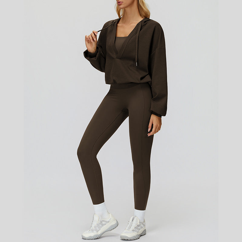 V-neck large hooded jacket+Sports tank top+High-waisted leggings 3-piece set
