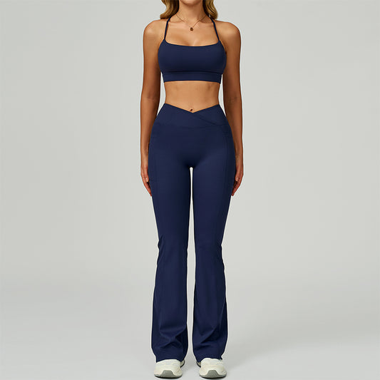 Tiras finas esportes sutiã + calça de perna alargada conjunto de 2 peças