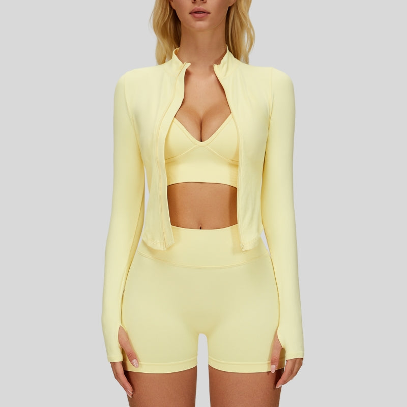 Reggiseno sportivo senza soluzione di continuità + giacca con cerniera piena + pantaloncini a vita alta 3 pezzi