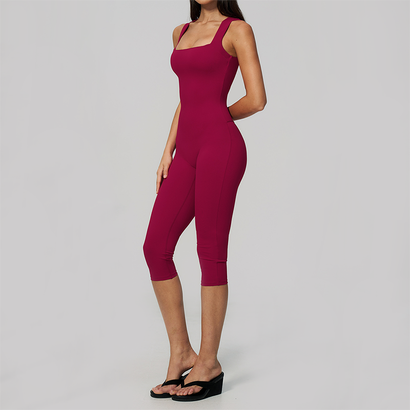 Wholesale Women's Bare-Feel Square Neck Yoga Jumpsuit with Chest Pad & Capri Shorts