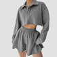 Wholesale Women's Long Sleeve Crop Cardigan & Drawstring Shorts Set – Casual Two-Piece TZ8040