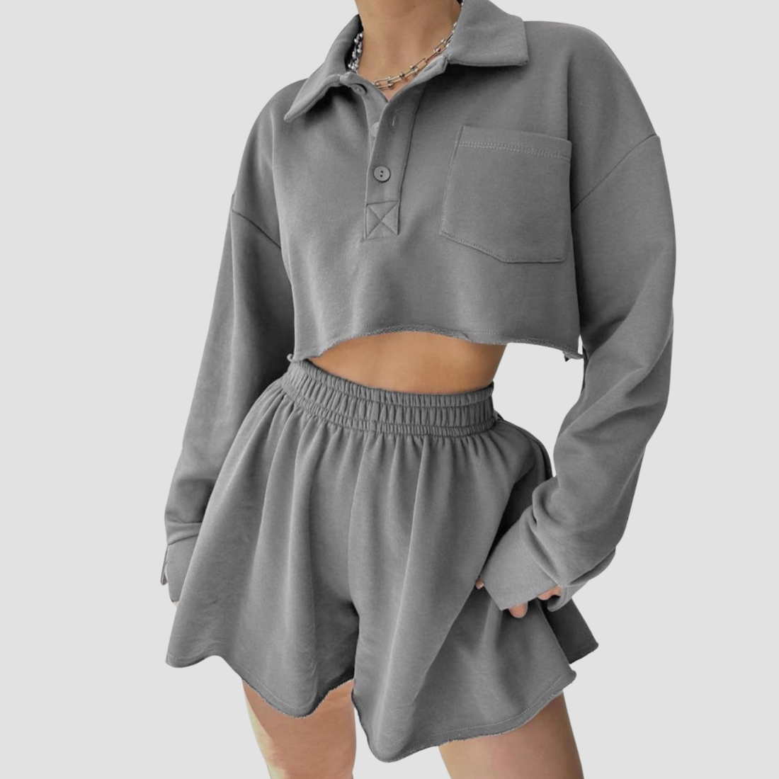 Wholesale Women's Long Sleeve Crop Cardigan & Drawstring Shorts Set – Casual Two-Piece TZ8040