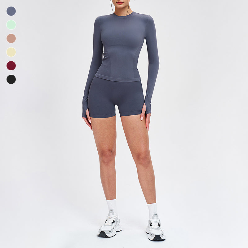 Wholesale solid color long-sleeved top + shorts