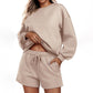 Round neck loose casual sweatshirt+Loose-fitting athletic shorts 2-piece set