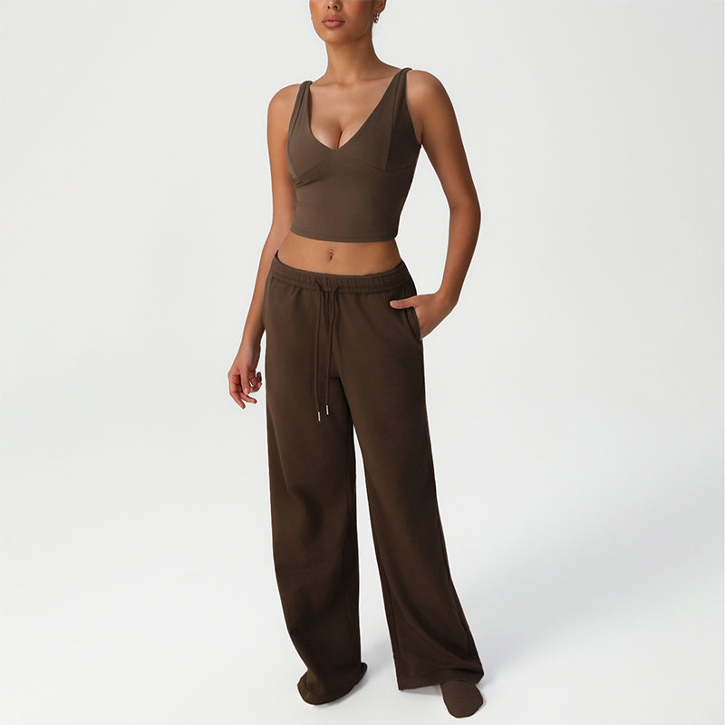 V-Neck Crop Top + Loose Sports Pants 2-Piece Set
