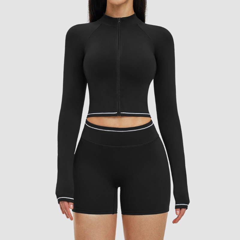 Wholesale color-blocked stand-collar zippered jacket + high-waisted tight shorts