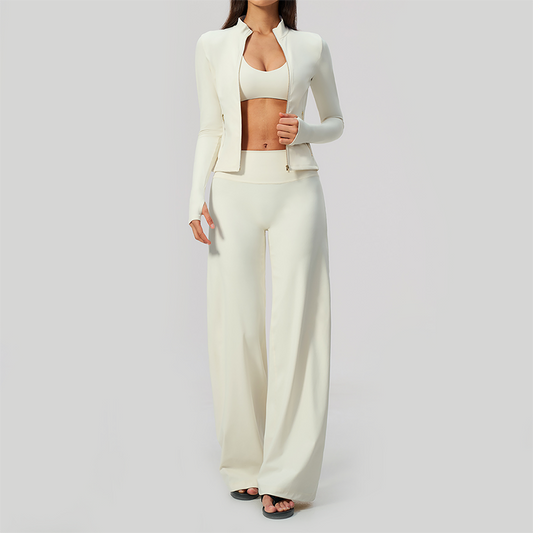 Wholesale Women's 3-Piece Yoga Set – Zip Jacket, Sports Bra & Wide-Leg Pants