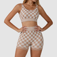 Wholesale Women's Checkerboard Yoga Set – Contrast Color Sports Bra and Shorts Set