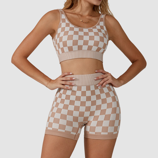 Wholesale Women's Checkerboard Yoga Set – Contrast Color Sports Bra and Shorts Set