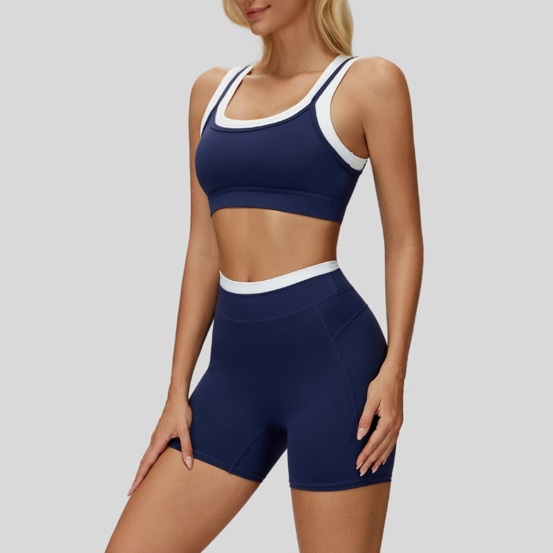 Contrast color sports bra + sports shorts 2-piece set