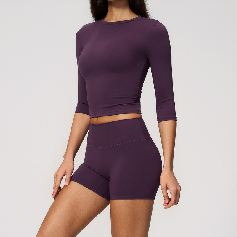 Wholesale Women's 3/4 Sleeve Crop Top & Biker Shorts Set – Seamless Yoga Activewear