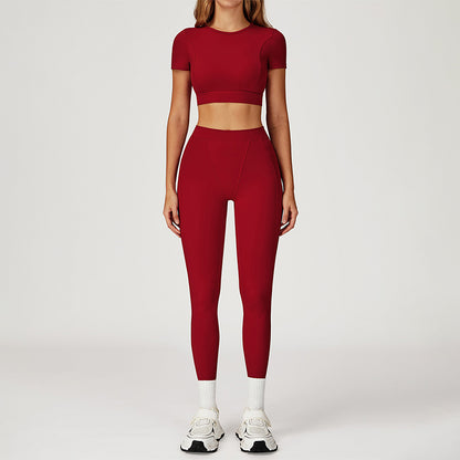 round-neck short sleeve sports crop top+high-waisted leggings set