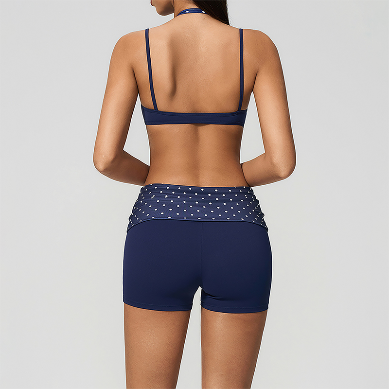 Wholesale Women's Polka Dot & Stripe Yoga Set Halter Neck Sports Bra & Shorts w/ Chest Pad