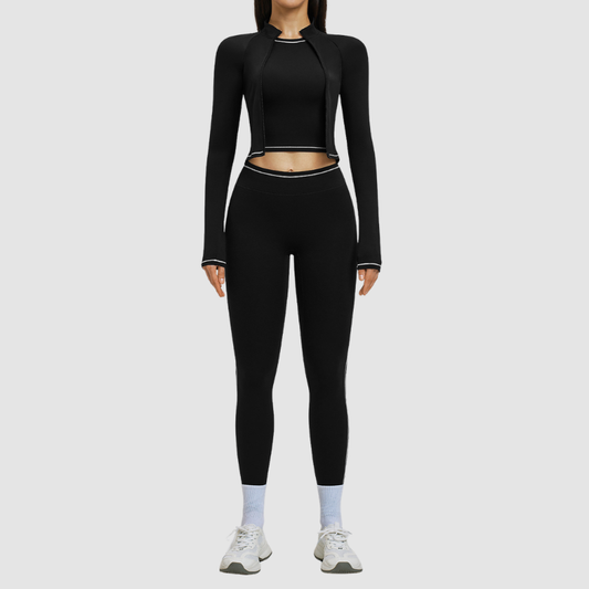 Color blocking nude sports jacket+Sport Bra+Legging running fitness 3-piece set