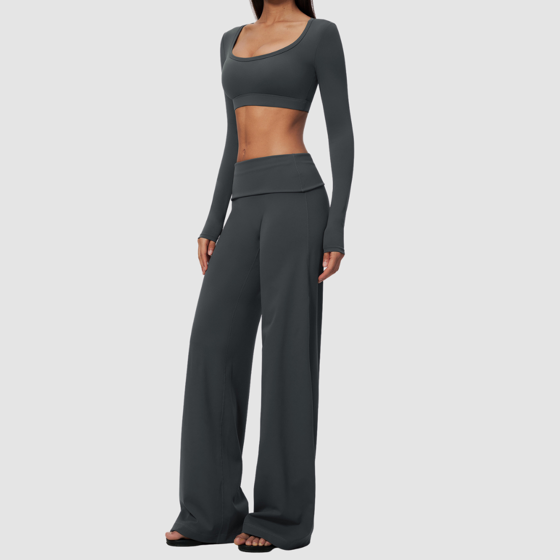Wholesale Women's Brushed Yoga Set: Long-Sleeve Crop Top & Foldover Wide-Leg Pants
