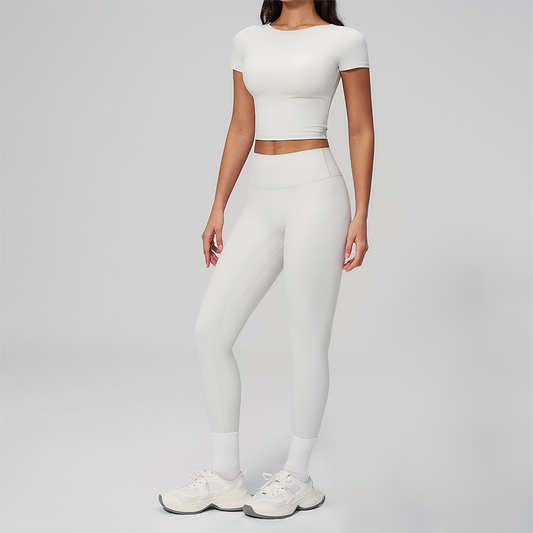 Wholesale Seam-Detail Cropped T-Shirt & High-Waist Leggings Set – Brushed Yoga 2-Piece