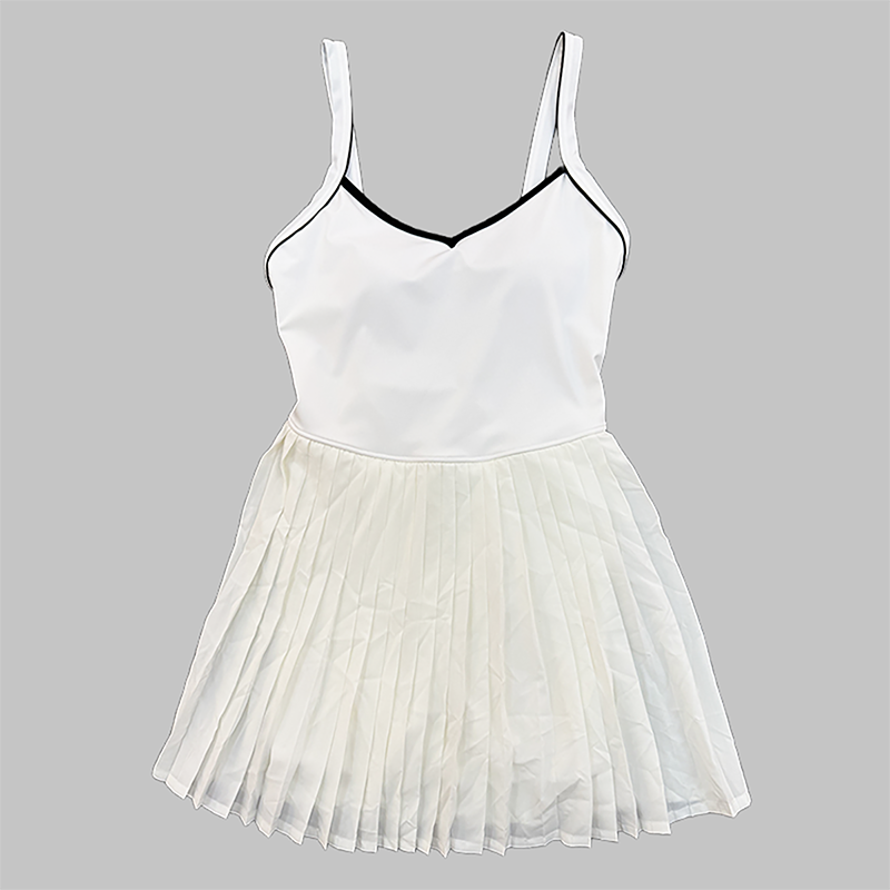 Wholesale Women's Colorblock Open-Back Tennis Dress – Anti-Exposure Pleated Yoga Skirt with Pockets