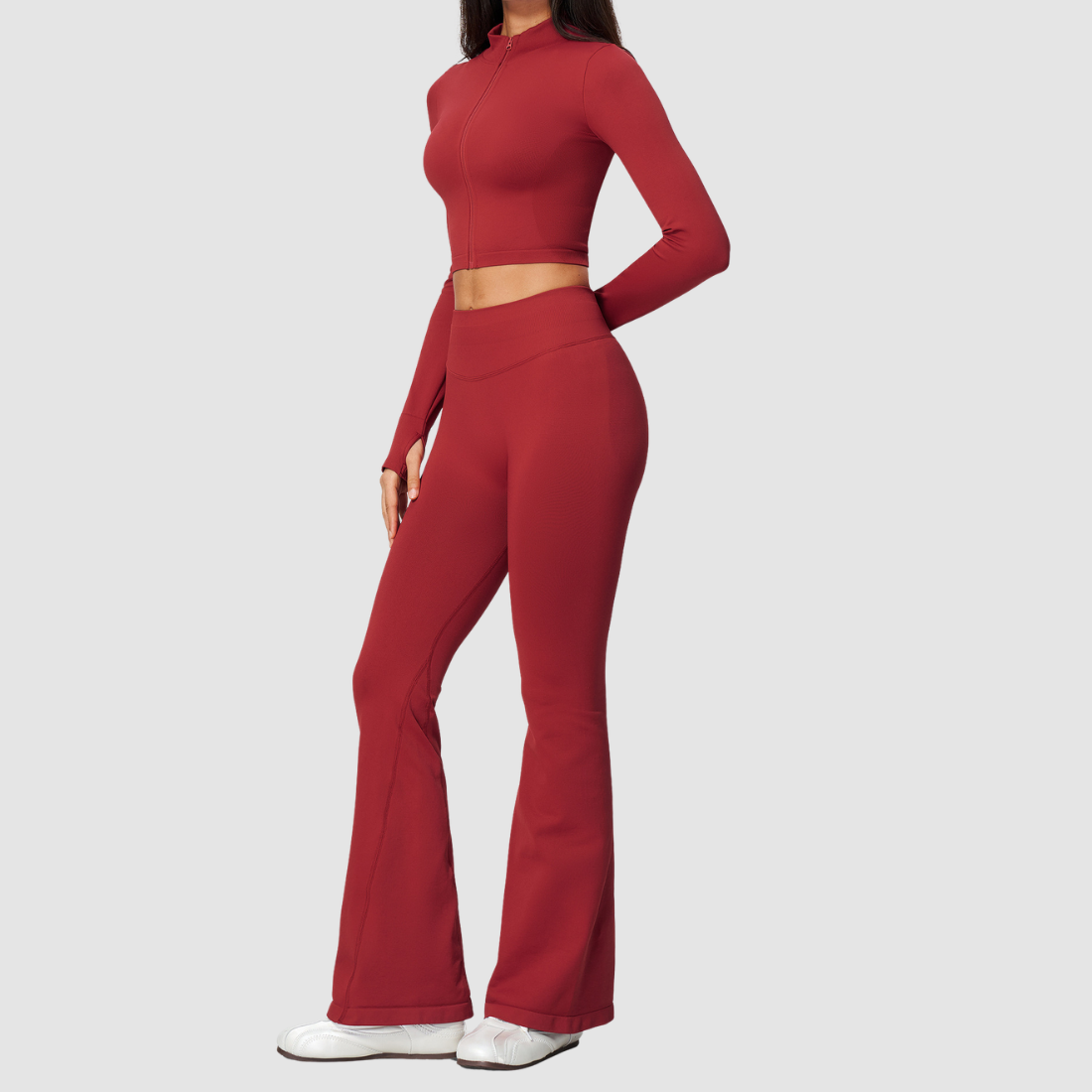 Wholesale Women's Stand-Collar Zip Jacket & Flared Yoga Pants Set