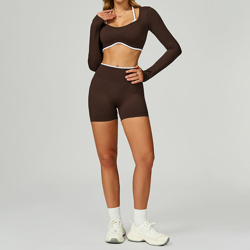 Seamless halter Contrasting Color top + High-waisted shorts 2-Piece Set