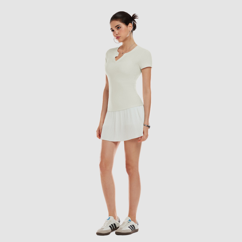 Wholesale Women's V-Neck Open-Back Short Sleeve Top & Pleated Skirt Set