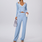 Wholesale Women's Padded Sports Bra+Tie-Front Long-Sleeve+Wide-Leg Pants Yoga Set