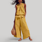 Wholesale Women's Ruffle Neck Sleeveless Top & Wide-Leg Pants Vacation Set