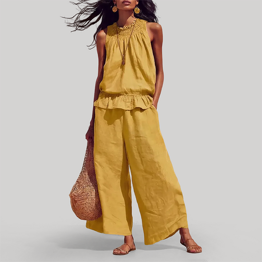 Wholesale Women's Ruffle Neck Sleeveless Top & Wide-Leg Pants Vacation Set
