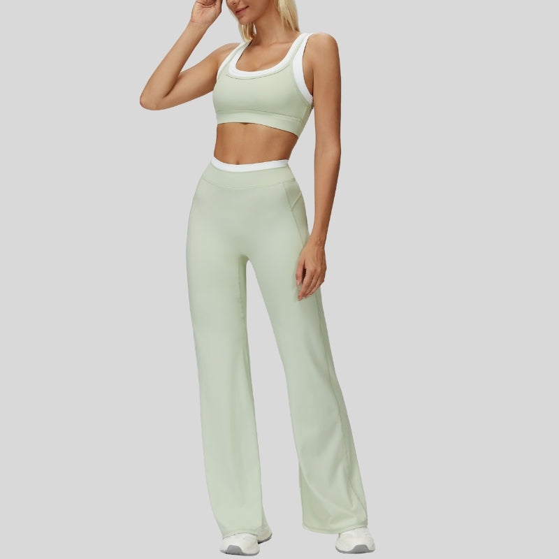 Contrast color sports bra + sport slightly flared pants 2-piece set