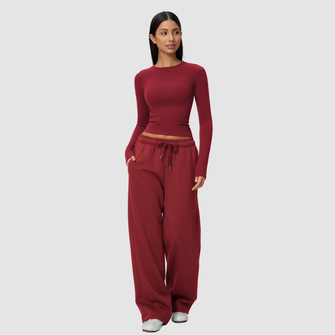 Wholesale Women's Nylon Spandex Activewear Set - Long Sleeve Tops & Wide-leg Pants