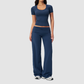 Wholesale Seam-Detail Cropped T-Shirt & Folding waist Flare Leggings Set