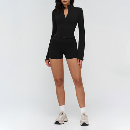 Stand-up collar yoga jacket + side pocket design shorts 2-piece set