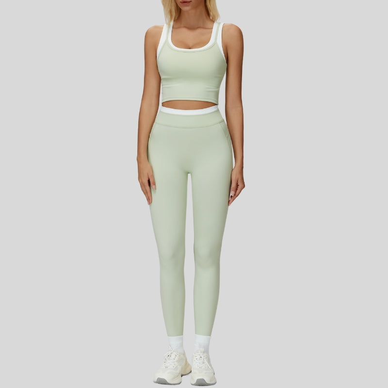 Two-piece contrasting sports tank top+sports leggings 2-piece set