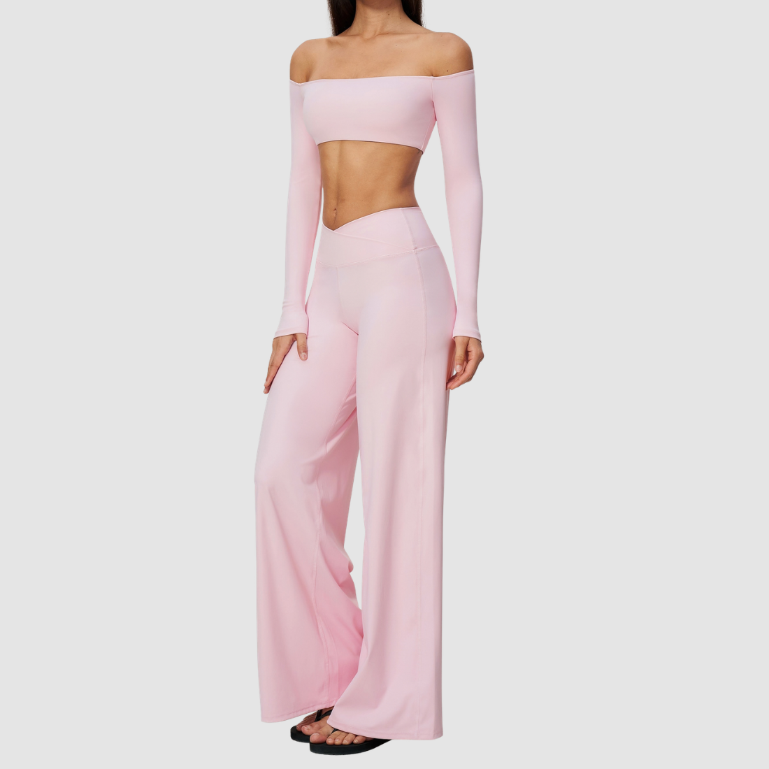 Wholesale Women's Long-Sleeve Tops + Wide-Leg Pants Fitness Two-Piece Set