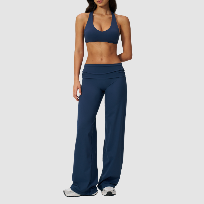 Wholesale Seam-Detail Sports Bra & Fold-up High-Waist Flare Leggings Set